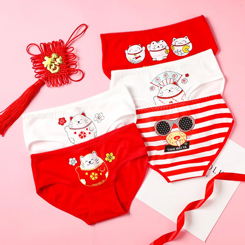 5 шт., новогодние стильные трусики для женщин, хлопковое китайское красное нижнее белье с рисунком кота, женские повседневные трусы, сексуальное женское белье