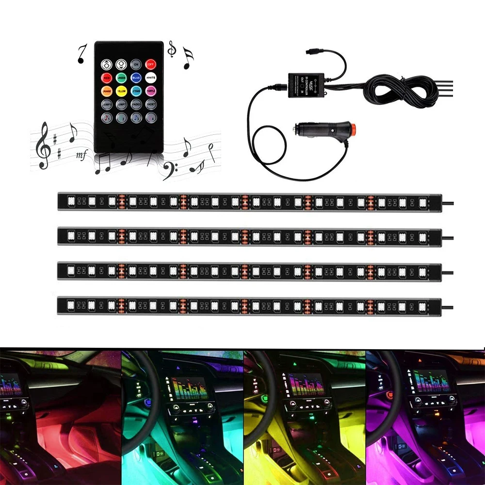 4 шт. Светодиодная лампа для освещения салона автомобиля, 48 SMD полоса RGB автомобильный неоновый Акцент Светильник s многоцветный Водонепроницаемый комплект со звуком активная функция - Испускаемый цвет: 18SMD