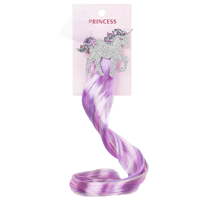 Милый Единорог заколки для волос блеск лошадь длинный парик банты для волос с фиолетовым искусственный конский хвост для девочек DIY модные аксессуары для волос - Цвет: 1
