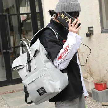 

Novelty Nylon USB Charging Backpack Women Men Large Capacity Laptop Top-handle Bags Zipper Solid Color Backpack for Female Male