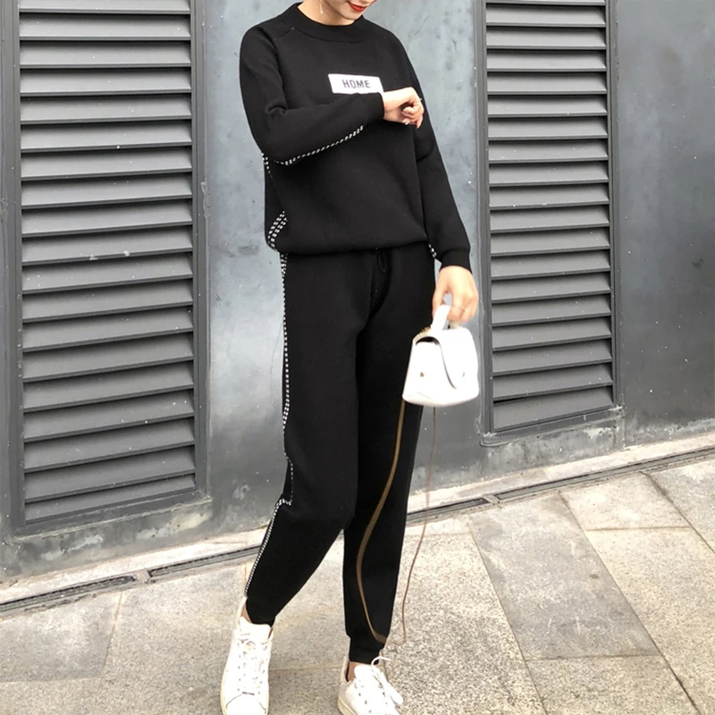 

2019 autumn winter Woolen and Cashmere Knitted warm Suit O collar Sweater + Harem pants loose style two-piece set women knit