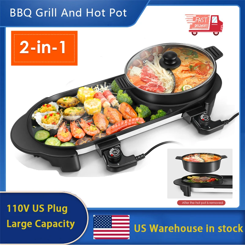 2in1 Multifunction Electric Grill Indoor Hot Pot Non-stick BBQ Baking Flat Pan Large Capacity Split Kitchen Cooker | Дом и сад