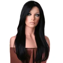 Лучшие женские натуральные парики с челкой черный цвет стрижка высокая температура волокно длинные прямые волосы QQ99