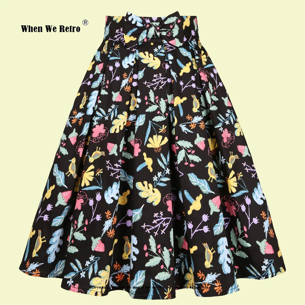

2022 Spring New Cotton Summer Floral Skirt SS0012 High Waist Pleated Black Skirts with Bow on the Waist