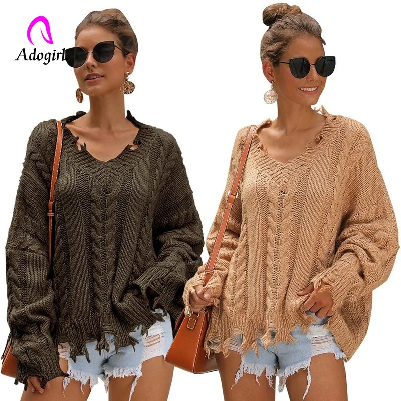 

khaki Tassel knitted sweater women pullover loose Casual winter distressed sweater female O neck 2019 autumn jumper pull femme