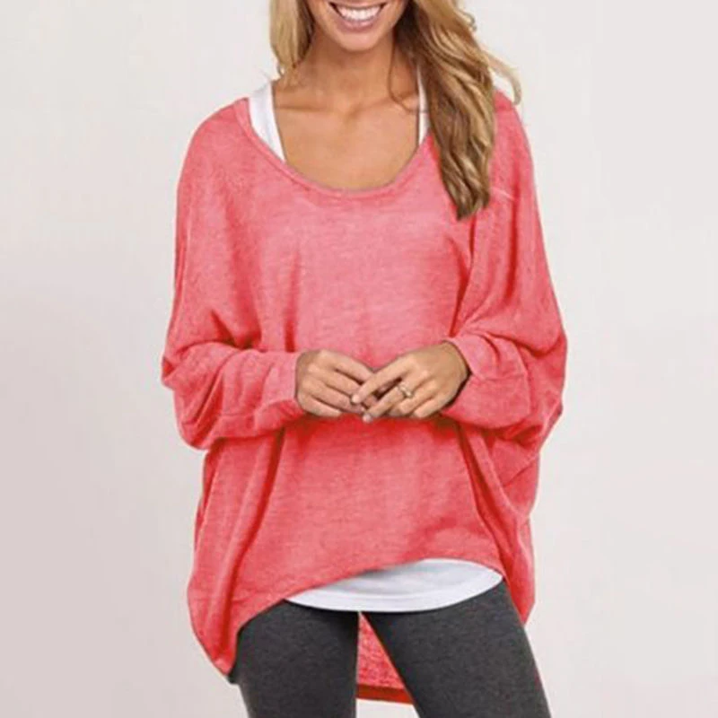 

Spring Autumn Womens Tops Casual Crew Neck Loose Asymmetric T Shirt Pullover Ladies Solid Long Sleeve Knit T Shirt Multicolor