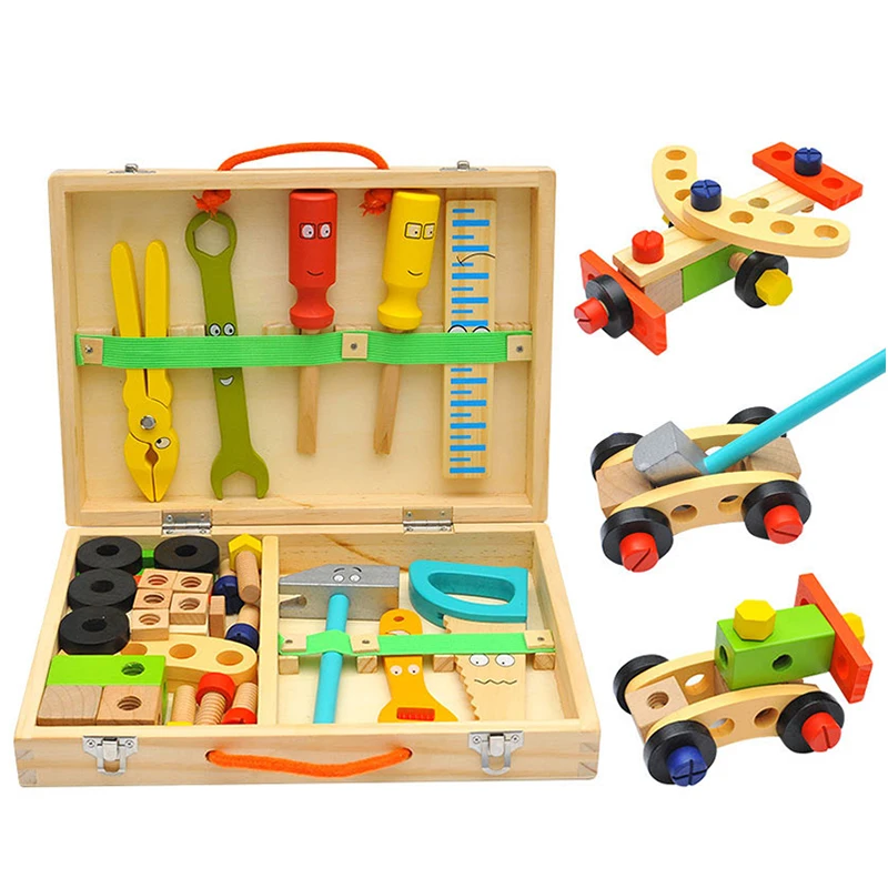 Caja de Herramientas de madera para niños, juego de simulación, Montessori educativo, tuerca, tornillo de desmontaje, herramienta de carpintero de reparación