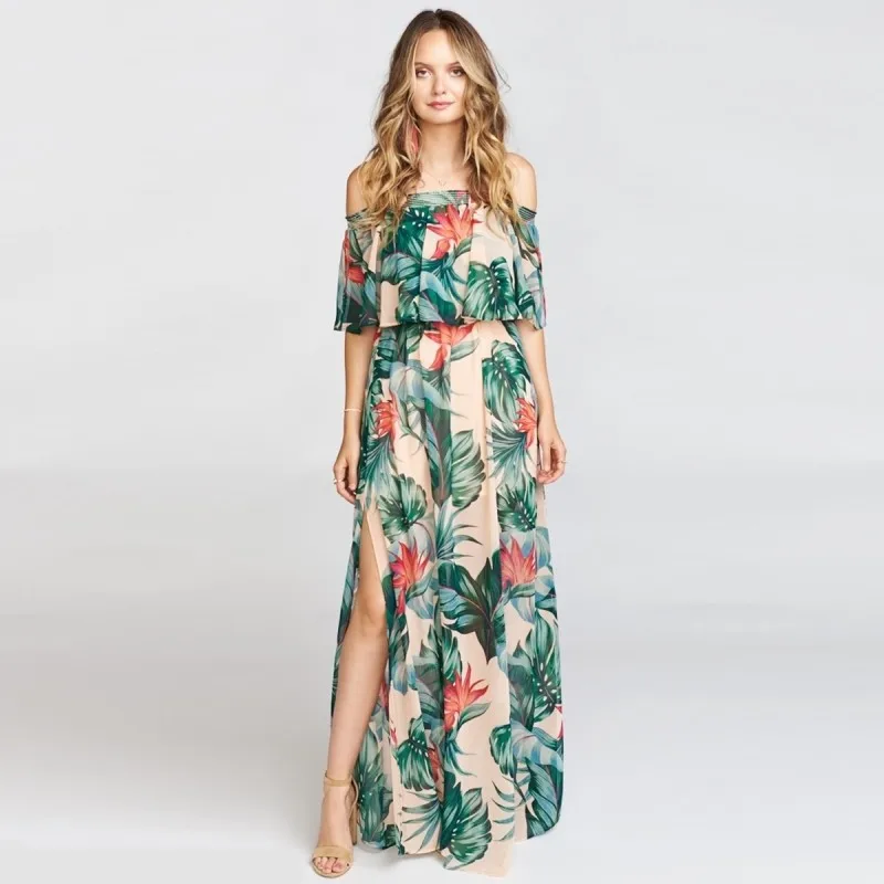 

2019 summer floral print women beach long dress strapless split floor-length elastic waist bohemian fashion vacation dresses