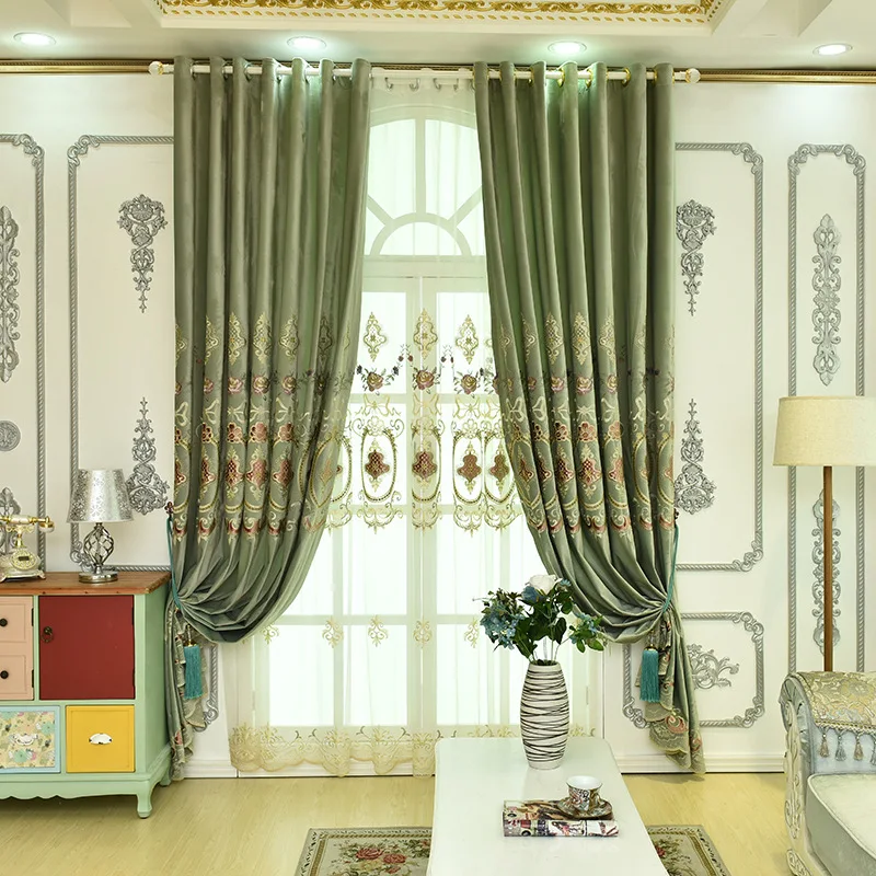 

Green luxury villa embroidered curtains for living room high quality velvet Voile Curtain for Bedroom Window Treatment Drapes