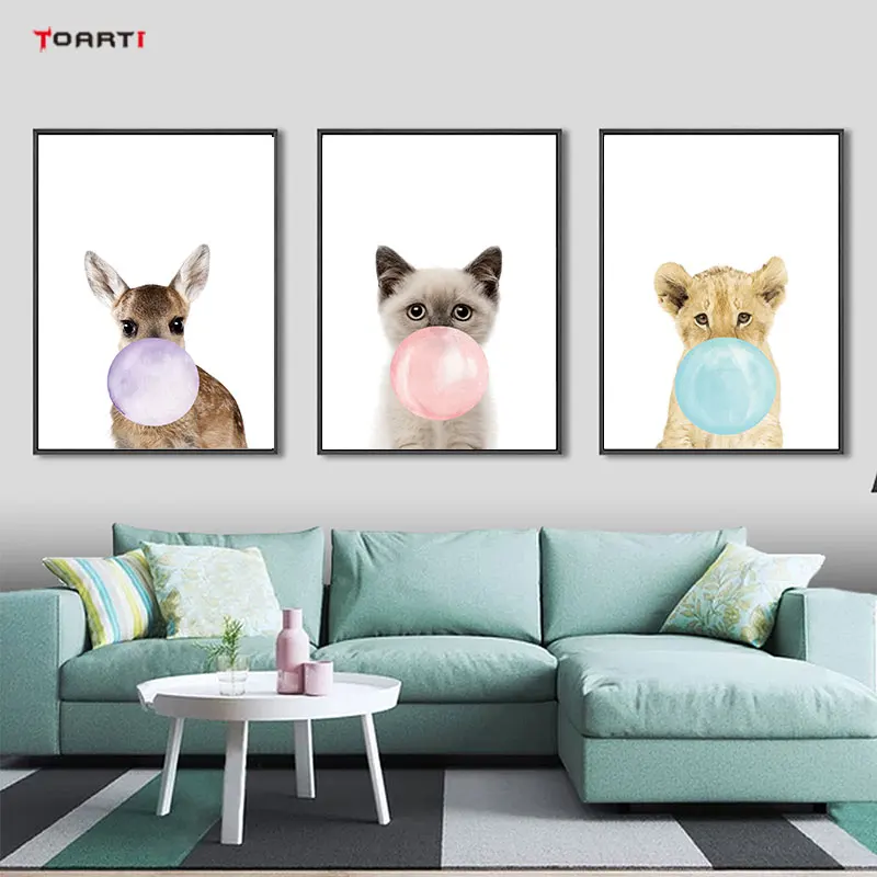 Cartoon Animals Prints Poster Tiger Monkey With Balloon Canvas Painting For Kids Nursery Bedroom Home Decor Modern Art Pictures | Дом и сад