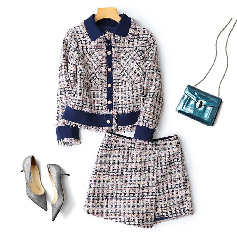 Tweed Korte Rok Vrouwen Tweedelige Set 2019 Herfst Office Lady Outfits Vrouwelijke Jas Rok Set Met Kwastje Hoge Kwaliteit mode Tweed Korte Rok Vrouwen Tweedelige Set 2019 Herfst Office Lady Outfits Vrouwelijke Jas Rok Set Met Kwastje Hoge Kwaliteit mode
