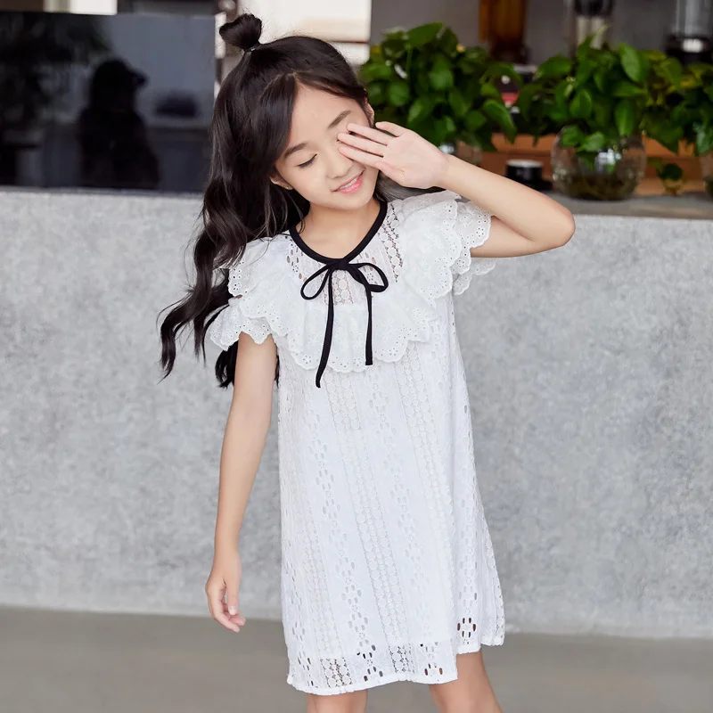 

2019 Summer White Lace Dress for Girls 4 to 15 Years Short Sleeve New Casual Clothes Soft Thin Dresses Kids Girls Costume 13C14A