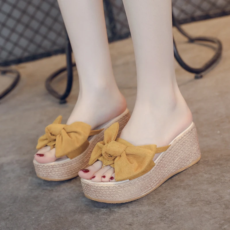 

2019 Ladies Wedge Sandals Bow Design Thick Slippers Comfortable Non-slip Multi-color Optional Shopping Travel Essential