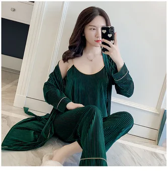 

Lady Exquisite Velvet Kimono Bathrobe Gown Long Sleeve Autumn Home Clothing Casual 3pcs Pajamas Suit Novelty Nightwear Sleep Set