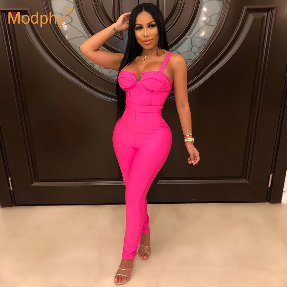 Летний комбинезон женский модный сексуальный облегающий без рукавов розовая
