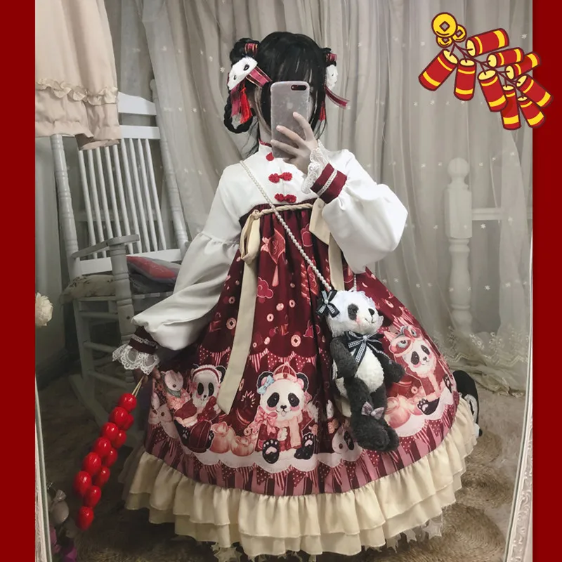 

Chinese style sweet lolita dress vintage stand puff sleeve lace printing high waist victorian dress kawaii girl gothic lolita op