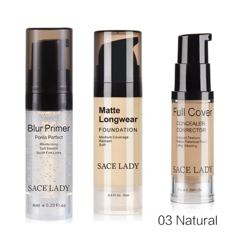 Natural SACE LADY профессиональный макияж набор основа для ЛИЦА ПРАЙМЕР+ матовая основа+ консилер полное покрытие макияж контроль маслом косметика - Цвет: Natural