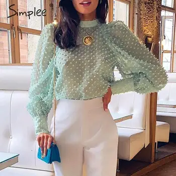 

Simplee Elegant floral embroidery women blouse shirt Puff sleeve turtleneck female chiffon blouse tops Streetwear ladies blouses