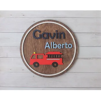 

3D Nursery Name Sign, personalize Firetruck circle kid Name Tag, wood BABY name plaque, rustic boy Bedroom decor, Baby Keepsake