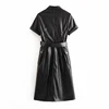 Aachoae PU Faux Leather Dress Women Short Sleeve Solid Casual Dress Stylish Turn Down Collar Pockets Dresses With Belt Vestidos ► Photo 2/6