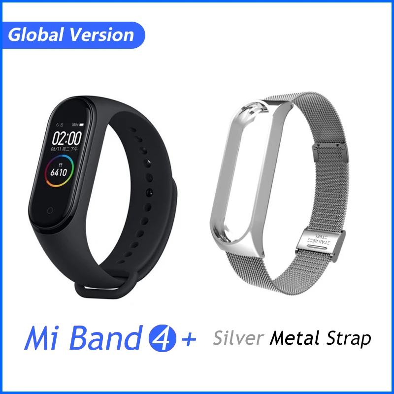 GB silver metal Xiaomi Mi группа 3 4 глобальная Версия смарт-Браслет фитнес-браслет часы 3 большой сенсорный экран сообщение время сердечно - Цвет: GB silver metal