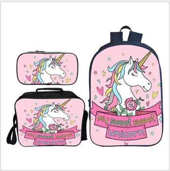 

3pcs/set Children Unicorn Printing Backpack Students Book Bag with Purse Case Bagpack Kids School Bag for Teenager Girls