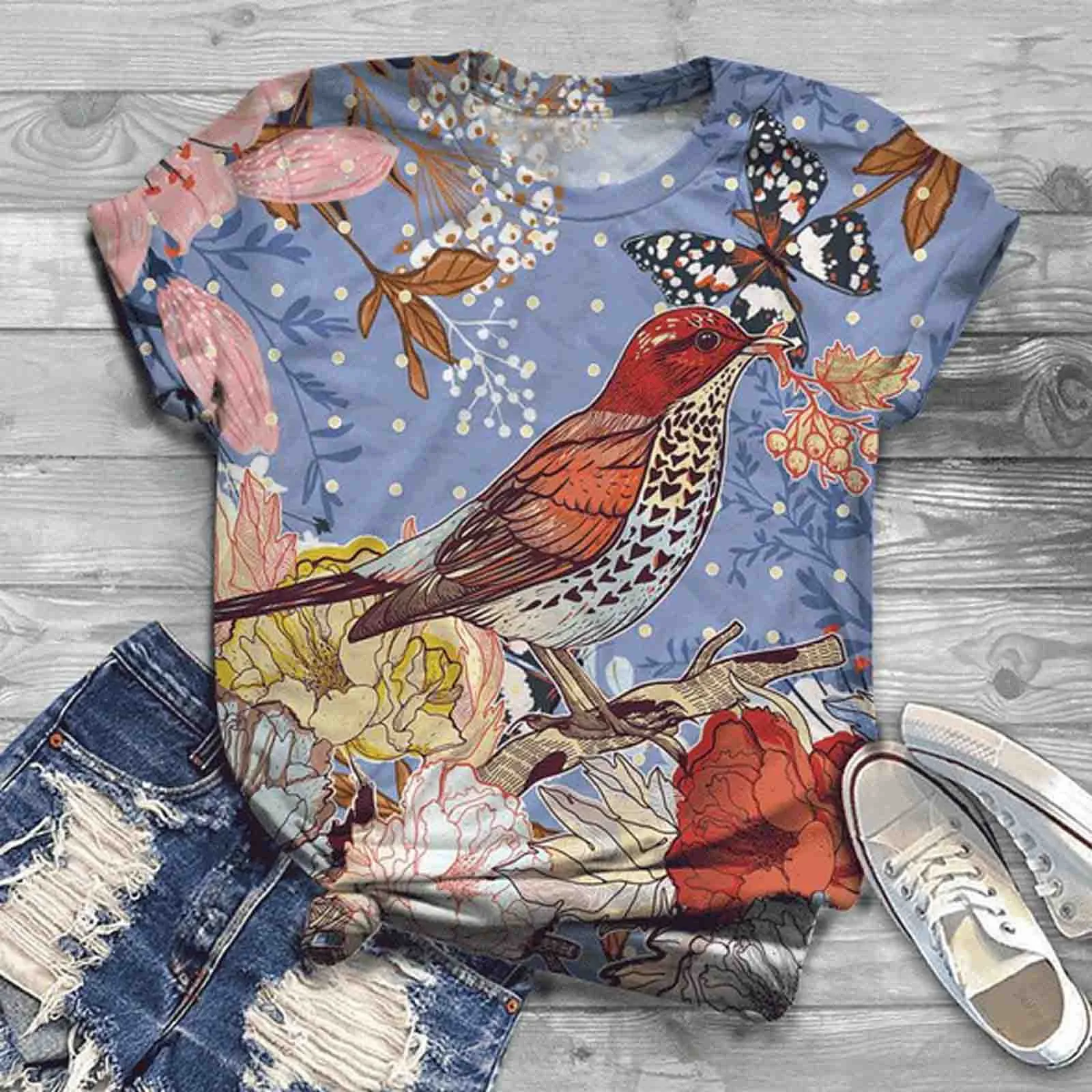 Harajuku Woman Tshirts Women Summer Plus Size Short Sleeve Bird Printed O-Neck Tops T Shirt Femme T-Shirts Mujer Camisetas