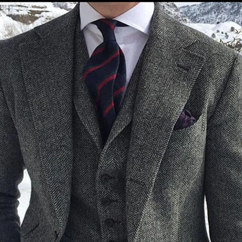 2023 Fashion Casual Grey Wool Tweed Men Suits For Winter Wedding Formal 3-Piece Herringbone Set Jacket Vest with Pants