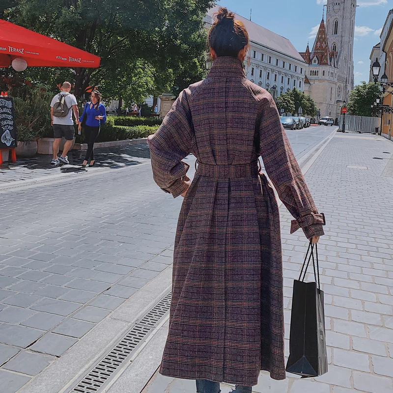 Женское длинное пальто из овечьей шерсти в клетку свободная осенне зимняя