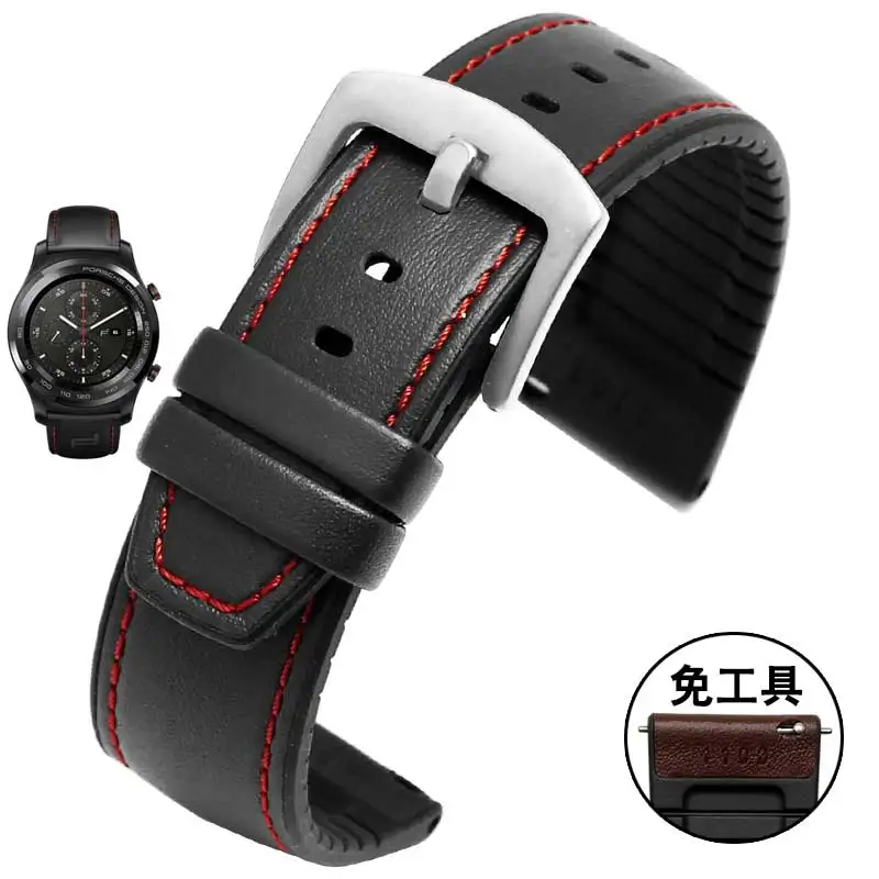 22 мм кожаный браслет для huawei Watch GT magic watch 2pro Смарт-часы в деловом стиле Замена 2 в 1 кожаный силиконовый ремешок - Цвет ремешка: black red-silver
