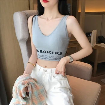 

Women Ftiness Bra Shockproof Running Gather Letters Printing With Short Knitted Suspenders V-neck Vest