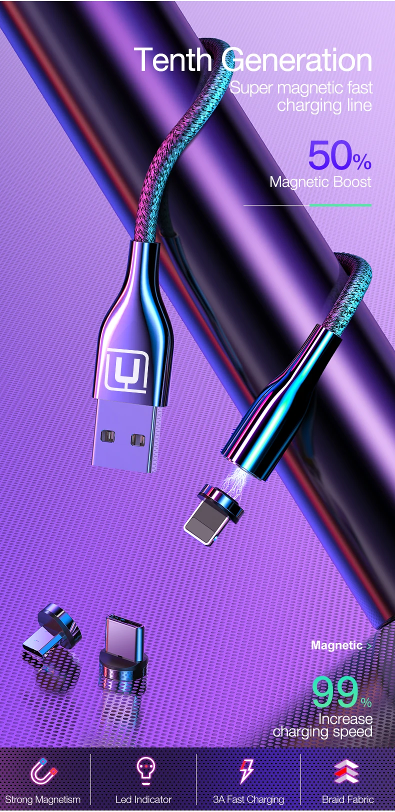 CAFELE Магнитный зарядный usb-кабель 3 А кабели для быстрой зарядки для iPhone USB type C Micro кабель для samsung huawei Xiaomi Oneplus