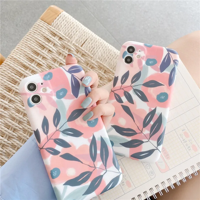 

10Pcs/lot Flower Leaf For iPhone 12mini Back Case For iPhone 12 pro max 11 Pro Max XR XS Max X 7 8 Plus Camera Matte Soft Cover