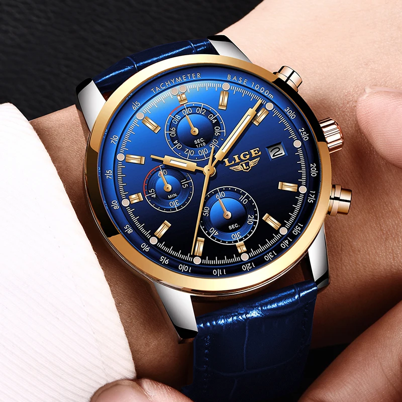 Relojes Hombre, новинка, LIGE, повседневные, кожа, модные, кварцевые, золотые часы, мужские, военные, водонепроницаемые часы, мужские, с большим циферблатом, наручные часы с датой