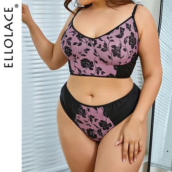 

Ellolace XL-4XL Floral Underwear Set Sexy Plus Size Lingerie Set Push up Bra and High Waist Panties Purple Bra Set Wholesale