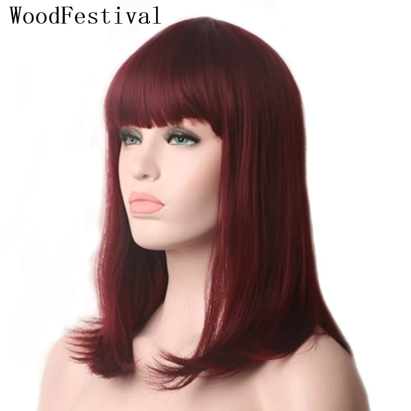 

WoodFestival Synthetic Burgundy Wig with bangs Medium Length Bob Style Heat Resistant Straight Cosplay Women Wigs