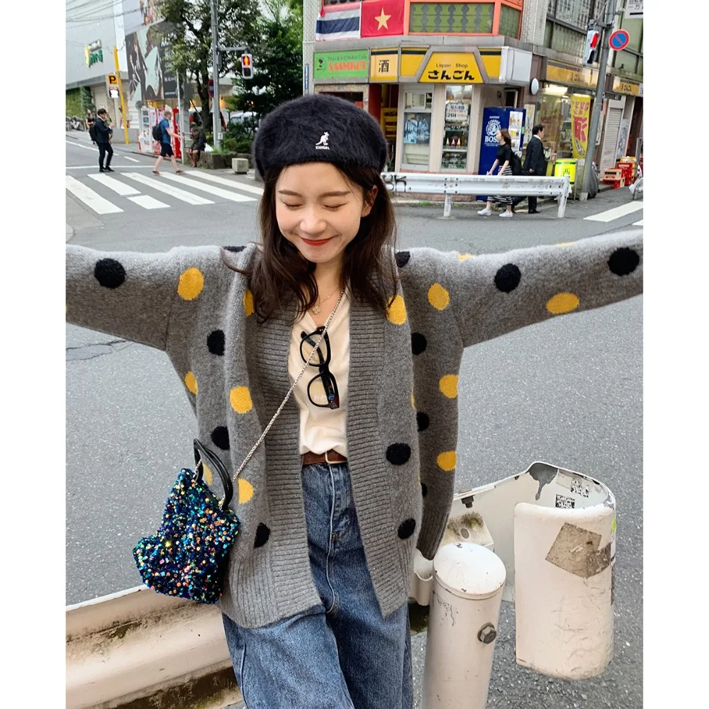 Fall Winter Tops For Women 2019 Korean Style Vintage Polka Dot V Neck Oversized Cardigan Grey Knitted Wool Sweater Coat T420 Cardigans Aliexpress
