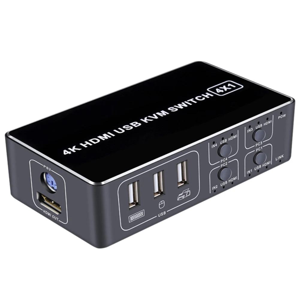 4K 4 Port USB KVM Switcher for Mouse Keyboard Computer Hub Scanner with Indicate Light