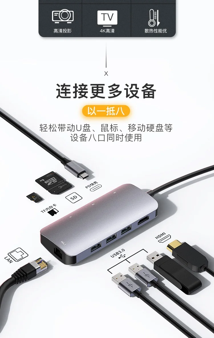 Тип C Расширение Док-станция USB восемь в одном тип-c к HDMI кабель ноутбук адаптер с PD Быстрая зарядка