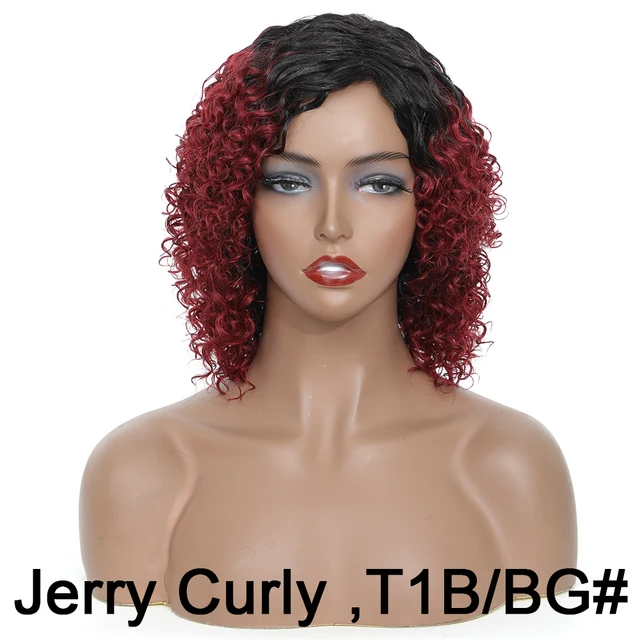 12” Short Hair Afro Kinky Curly Synthetic Wigs With Bangs For Black Women Ombre Blonde Red Glueles Cosplay Wig Perruque Courte Jerry Curly T1B BG