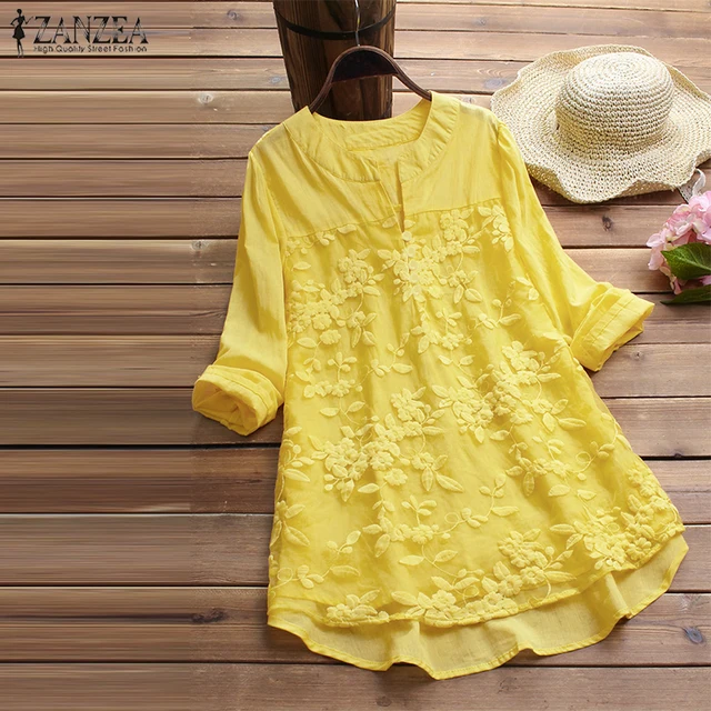 US $10.45 2020 ZANZEA Cotton Linen Tops Women Blouse Elegant V Neck Long Sleeve Shirt Casual Autumn Lace Shir