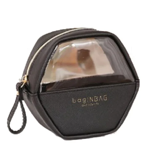 Fashion Cosmetic Bag PU Leather Transparent Cosmetic Bags Women beautician Small Black Small