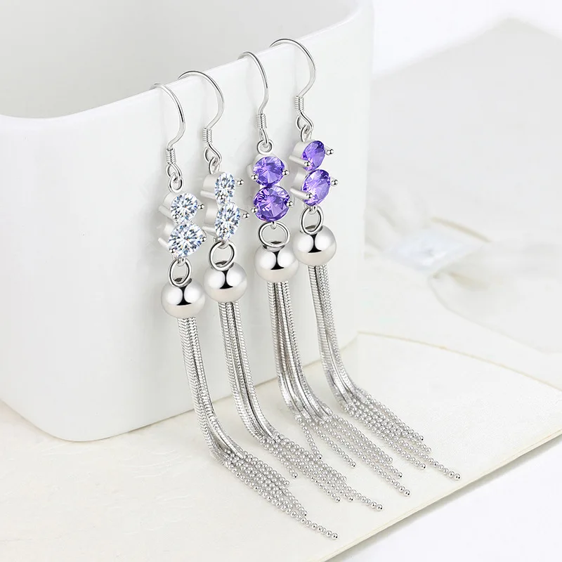 

2020 New Style Noble and Elegant Starlight Long Tassel Ear Drop Fashion Polished White Purple AAA Zircon Fine Jewelry for Women