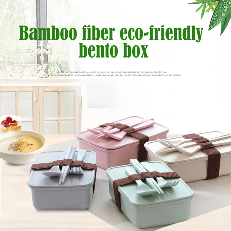 

Large Capacity Box Bamboo Fiber Lunch Container With Built-in Plastic Silverware And Sealing Strap 600ML