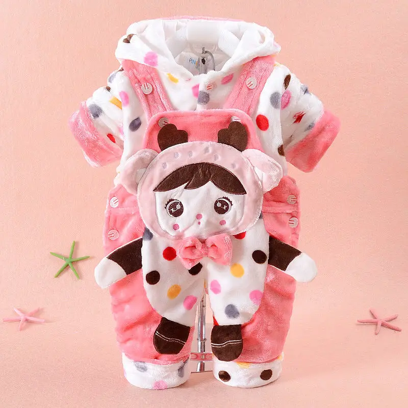 Комплекты одежды для новорожденных зимние толстовки из плотного бархата для маленьких мальчиков и девочек+ комбинезон Теплый костюм из 2 предметов для малышей с героями мультфильмов - Цвет: pink