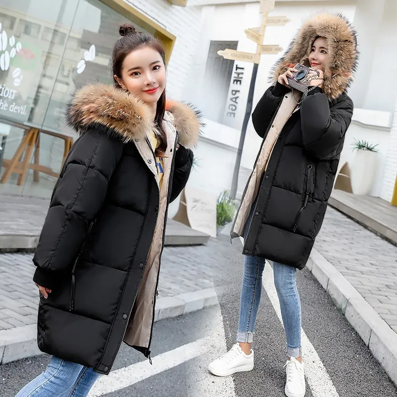 

Down Feather New Style Winter Cotton Dress Women's Mid-length Large Fur Collar Korean-style Cotton-padded Clothes Fashion Loose