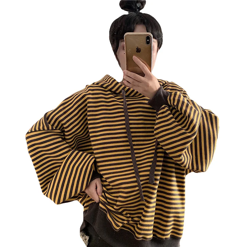 Полосатая Толстовка для женщин с рукавом фонариком свободные Harajuku Grunge Топ