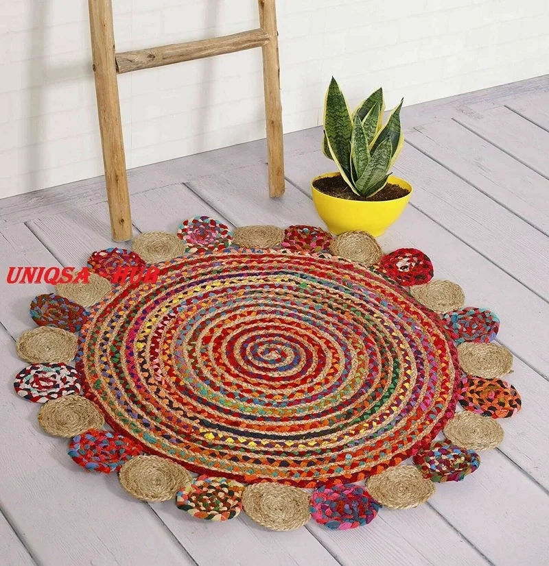 

Rug Jute and Cotton 4x4 Feet Handmade Rug Double-sided Home Decoration Guest Decorative Rug Living Room Decoration