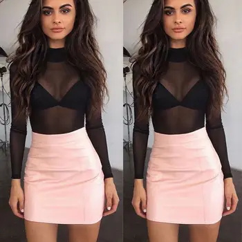 

Elegant Women Sexy Sheer Mesh See-through Fish Net Long Sleeve High Turtle Neck Transparent Top Solid color Shirt Blouse