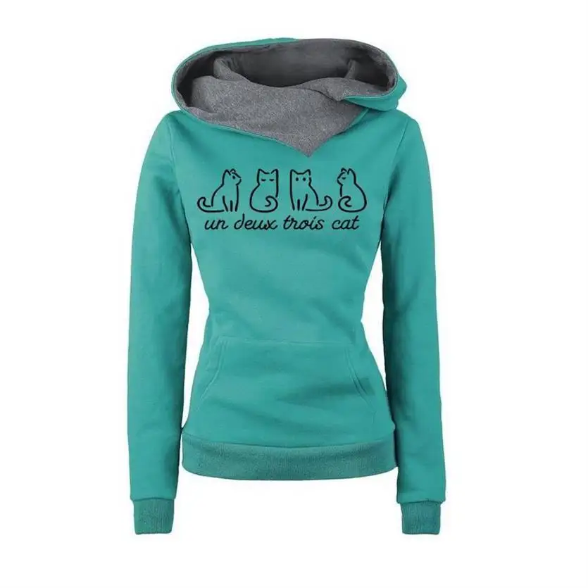 

Lapel Hooded Un Deux Trois Letters Cat Print Hoodies For Women Sweatshirts Hoodies Femmes Female Corduroy Youth Funny Plus Size